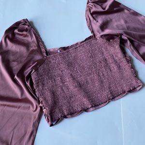 Camellia Mauve Barbie Pink Balloon Sleeve Peasant Crop Top (L)